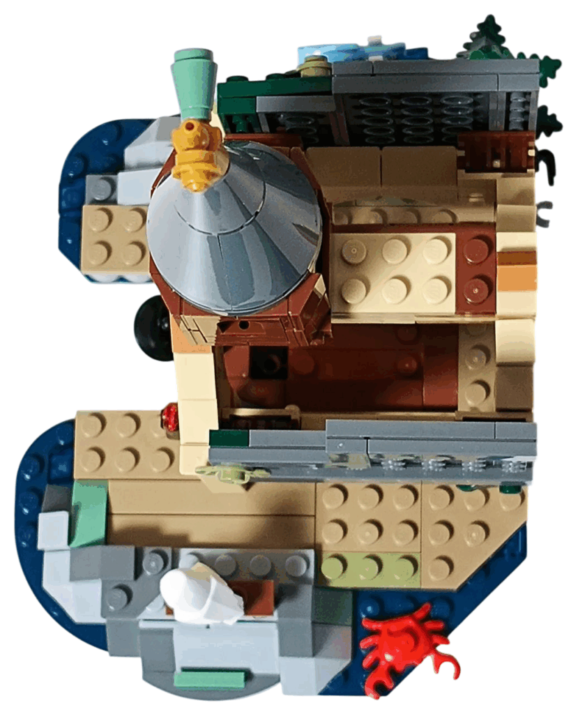 LEGOボートハウスの屋根が開いた状態で、内部が上から見える