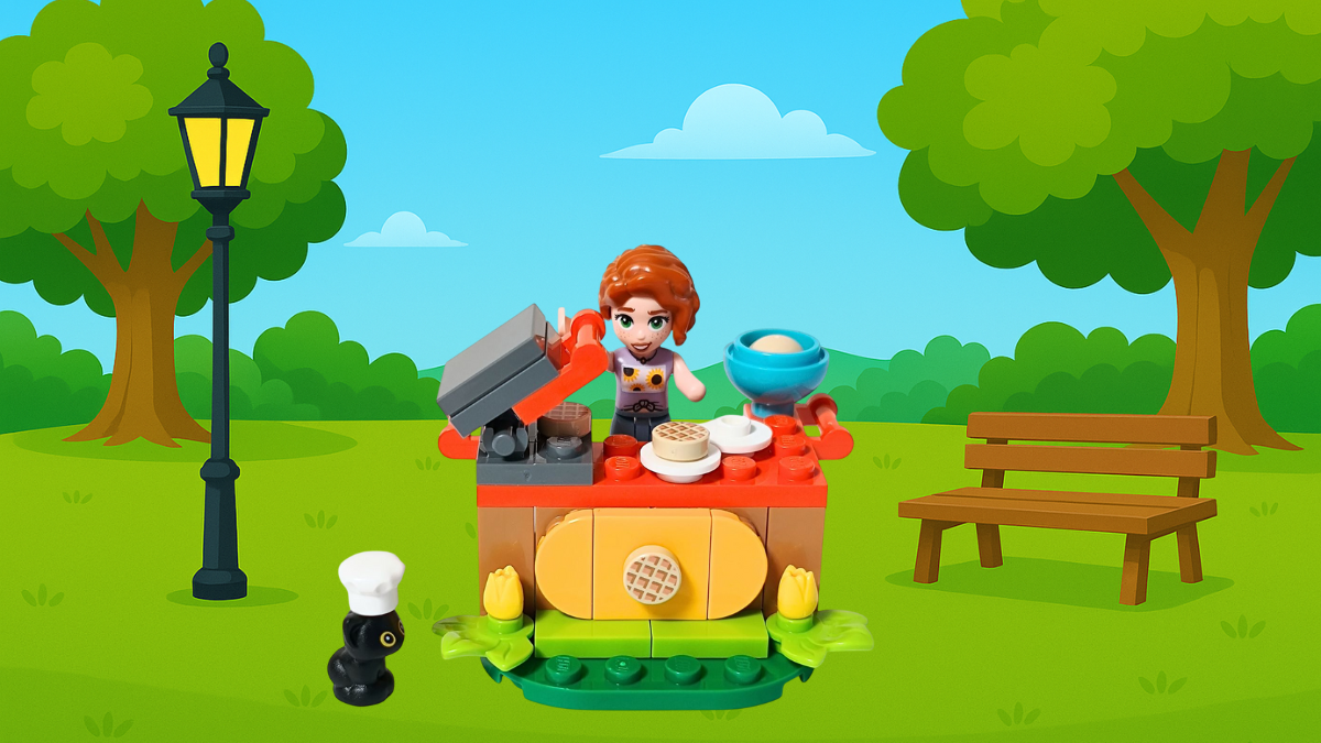 LEGO Friends 30696「オータムのワッフル屋さん」アイキャッチ画像。 青空の下、森の中でオータムがワッフルを焼いており、前にはコック帽をかぶった黒ネコのプルートが立っている。 カウンターの上にはワッフルとボウルが並び、屋台のまわりには黄色いチューリップが咲いている。