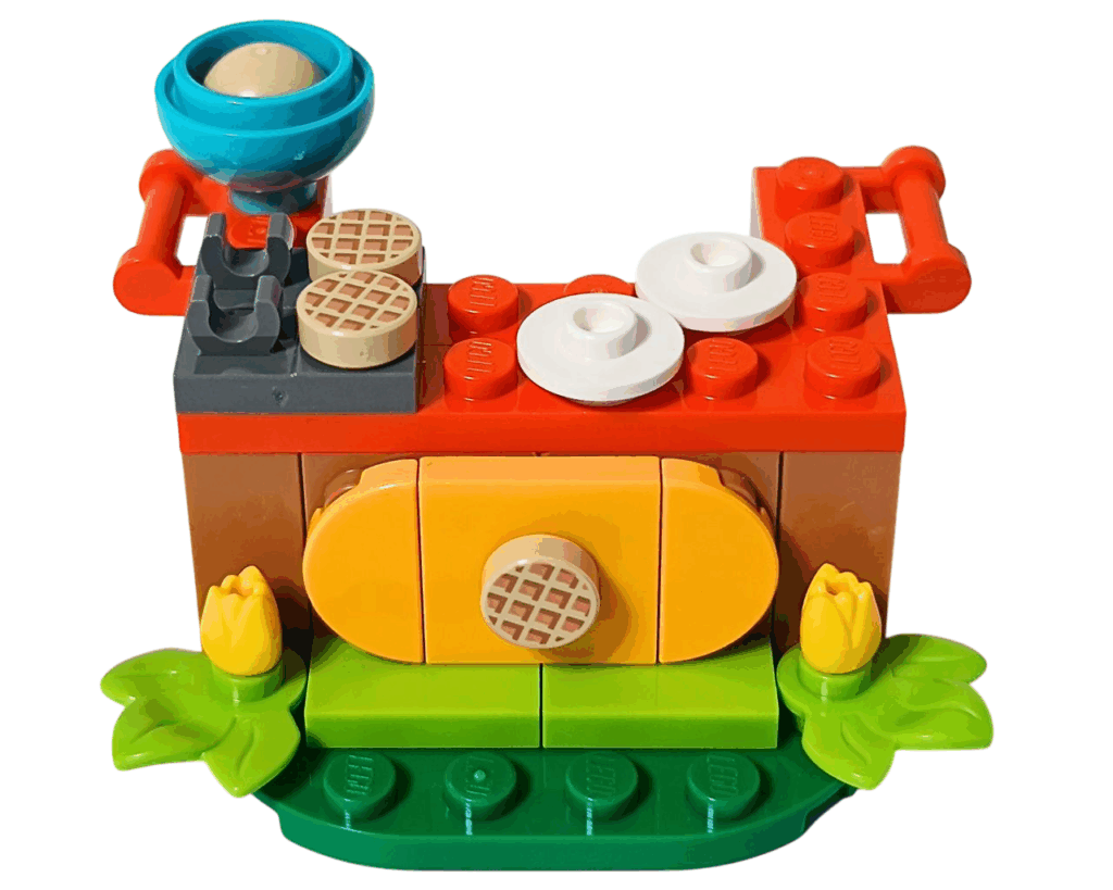 LEGO Friends 30696 オータムのワッフル屋さん ワッフルを焼き台に並べたところ。ベージュのワッフル柄パーツが2枚置かれている