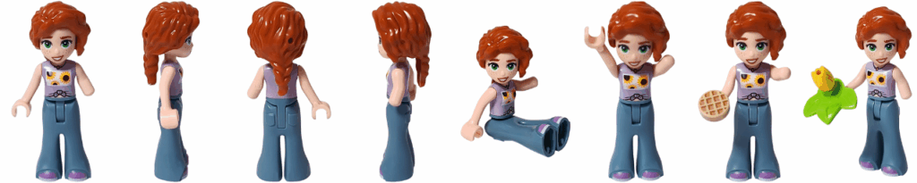LEGO Friends 30696 オータム ミニドール 全8ポーズ一覧（正面・右側面・背面・左側面・座り・手をあげたポーズ・ワッフルを持つ・黄色い花を持つ）