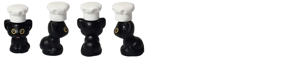 LEGO Friends 30696 プルート 動物フィギュア 4アングル一覧（正面・右側面・背面・左側面。白いコック帽をかぶった黒ネコの姿）