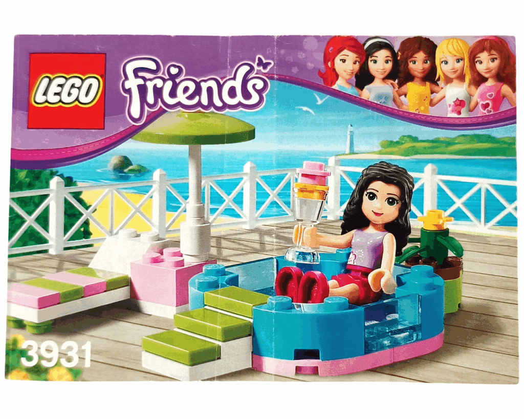 LEGO Friends 3931 ハッピープールサイド 組立説明書表紙。パラソルの下でドリンクを手にリラックスするエマが描かれている