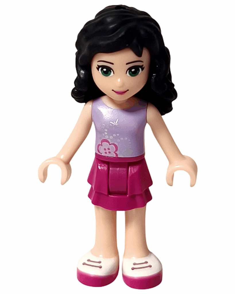LEGO Friends 3931 ハッピープールサイド エマのミニドール正面。ラベンダーのトップスにピンクのスカート、白とラベンダーのシューズを履いている