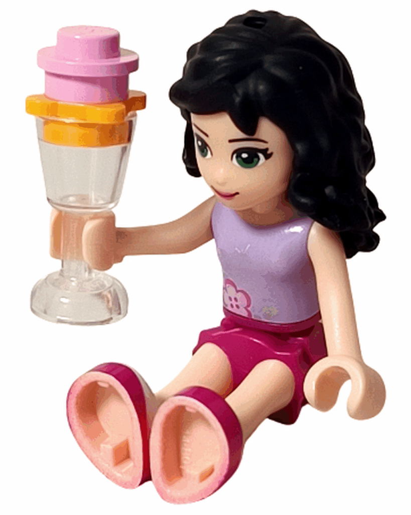 LEGO Friends 3931 ハッピープールサイド エマのミニドール。座った姿で透明グラスのドリンクを手にしている