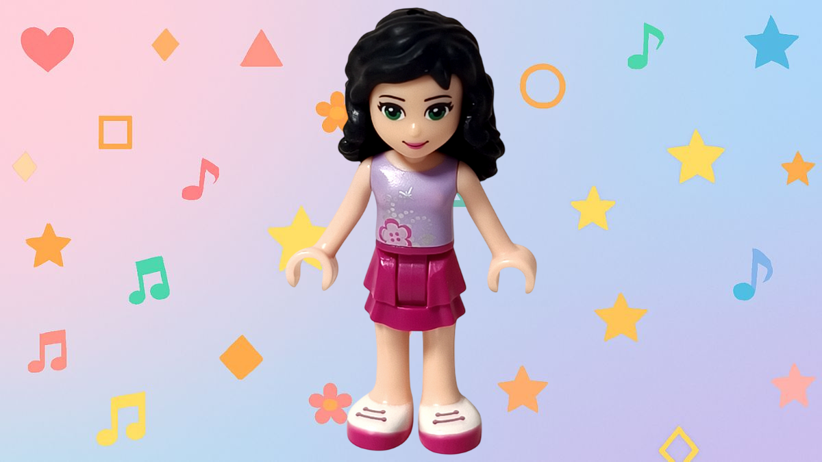 レゴ フレンズ 3931 ハッピープールサイド エマのミニドール。カラフルな音符と星の背景に立つエマ。ラベンダーのトップスとピンクのスカート姿