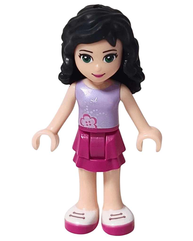 LEGO Friends 3931 ハッピープールサイド ミニドールのエマ。ラベンダーのトップスにピンクのスカート、白とラベンダーのシューズを履いている