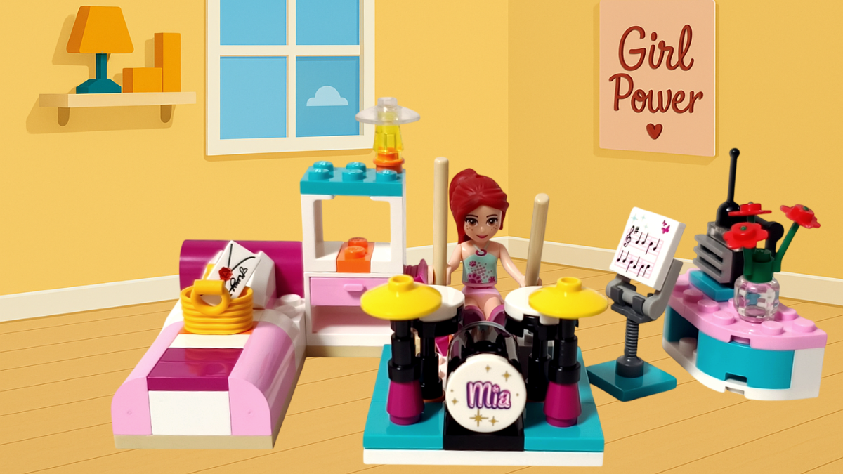 レゴ フレンズ 3939 ルームデコセットのアイキャッチ画像。ミニドールのミアがドラムを叩き、ベッド、シェルフ、譜面台がそろった部屋の完成イメージ