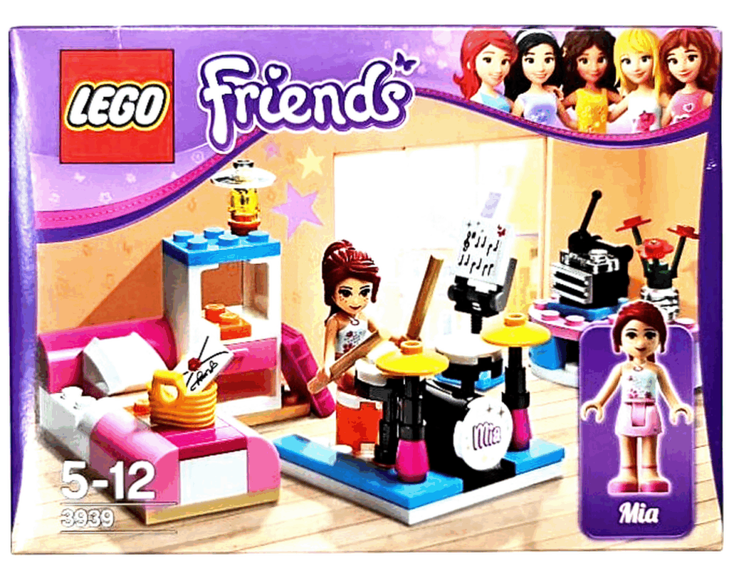 LEGO Friends 3939 ルームデコセット パッケージ画像。ミニドールのミアとベッド、サイドシェルフ、譜面台、ドラムセットが描かれている