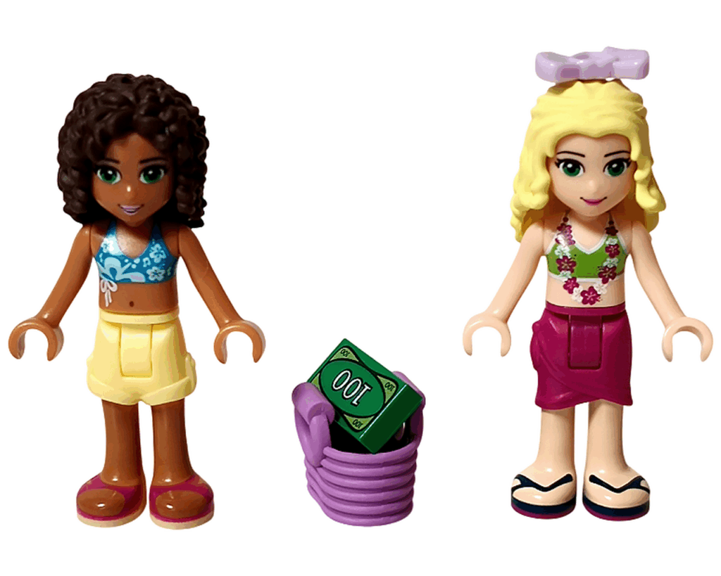 LEGO Friends 41008 スプラッシュプール ミニドールのアンドレアとイザベラが並んでいる。手前にお金の入ったピンクのバスケットがある