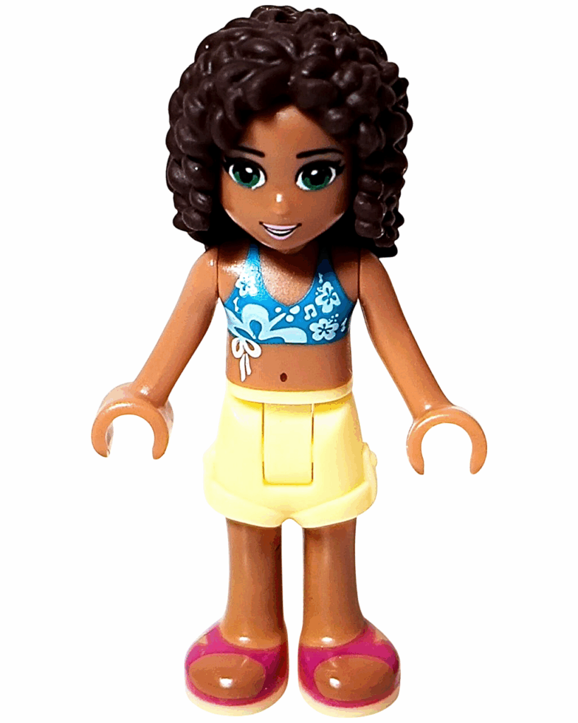 LEGO Friends 41008 スプラッシュプール ミニドールのアンドレア。青い花柄トップスに黄色のショートパンツを着ている