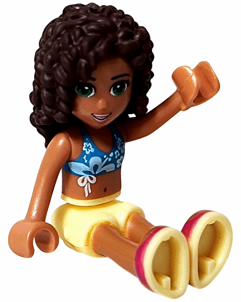 レゴ フレンズ 41008 スプラッシュプール アンドレア座りポーズ。笑顔で手を上げている。