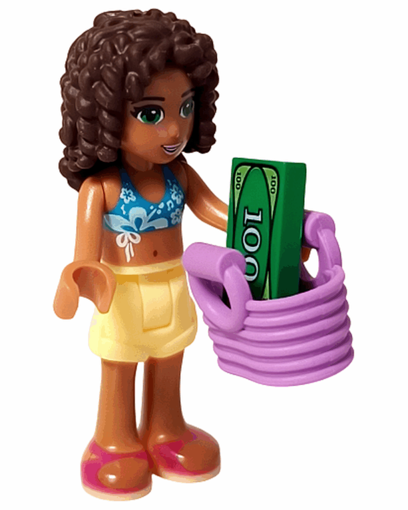 レゴ フレンズ 41008 スプラッシュプール アンドレアがラベンダーのバスケットにお金を入れて持っている。