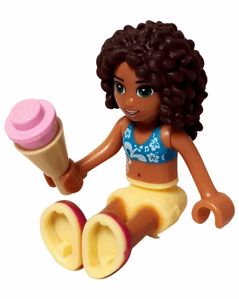 レゴ フレンズ 41008 スプラッシュプール アンドレアがピンクのアイスを持って座っている。