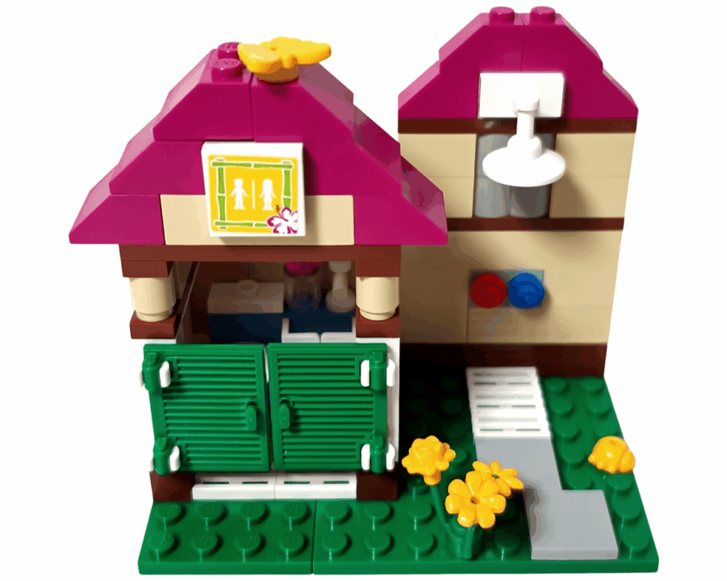 LEGO Friends 41008 スプラッシュプール シャワー完成。赤と青のノブと花の飾りがある