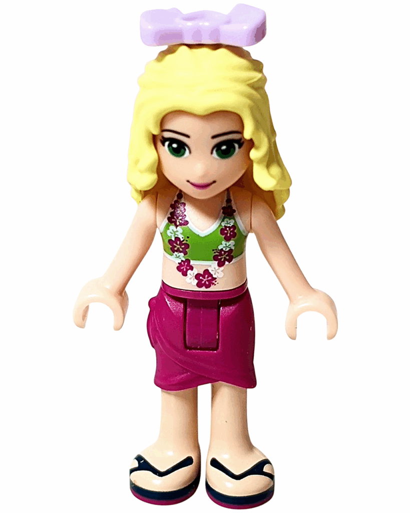 LEGO Friends 41008 スプラッシュプール ミニドールのイザベラ。花柄トップスにピンクのスカート、髪にラベンダー色のリボンをつけている