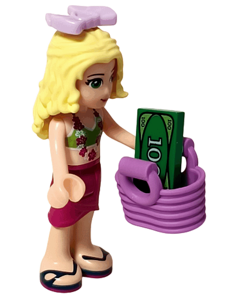 レゴ フレンズ 41008 スプラッシュプール イザベラがラベンダーのバスケットにお金を入れて持っている。