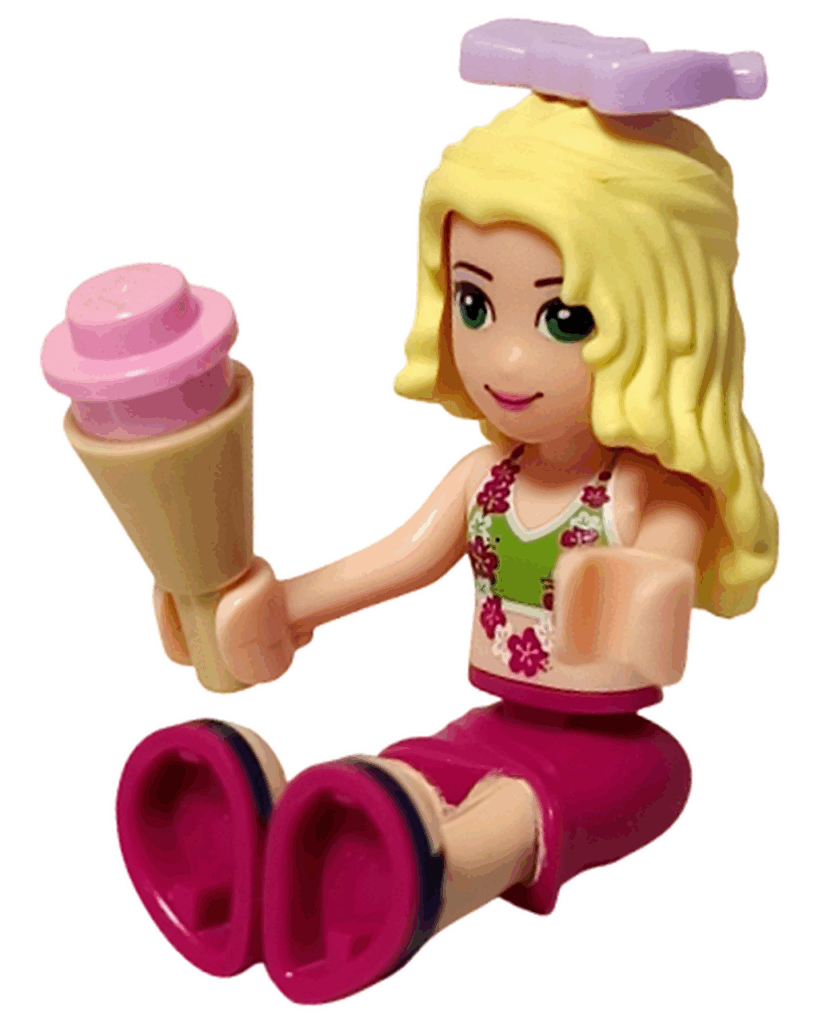 レゴ フレンズ 41008 スプラッシュプール イザベラがピンクのアイスを持って座っている。