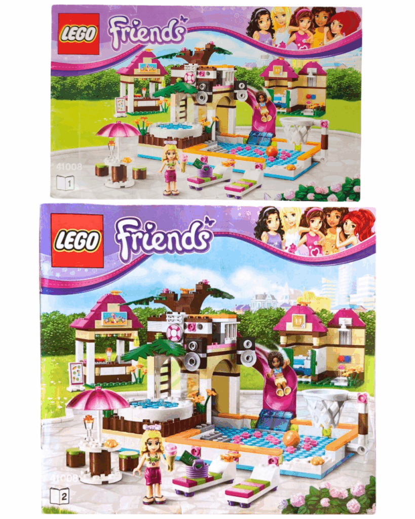 LEGO Friends 41008 スプラッシュプール 組立説明書2冊。上が1冊目、下が2冊目で、どちらもプールとスナックバーの全景が描かれている