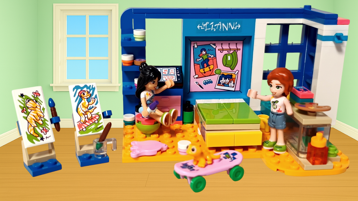 LEGO Friends 41739「リアンの部屋」アイキャッチ画像。 パステルグリーンの壁と木目フローリングの部屋の中で、リアンとオータムが絵を描いている。 左にはポップコーンを描いた2枚のキャンバスが並び、中央にはピンクのスケートボードに乗ったヤモリのポップコーンがいる。 右側には青と白の壁に囲まれたアートデスクと窓があり、リアンがタブレットでスケッチを見ながら、オータムに話しかけている。