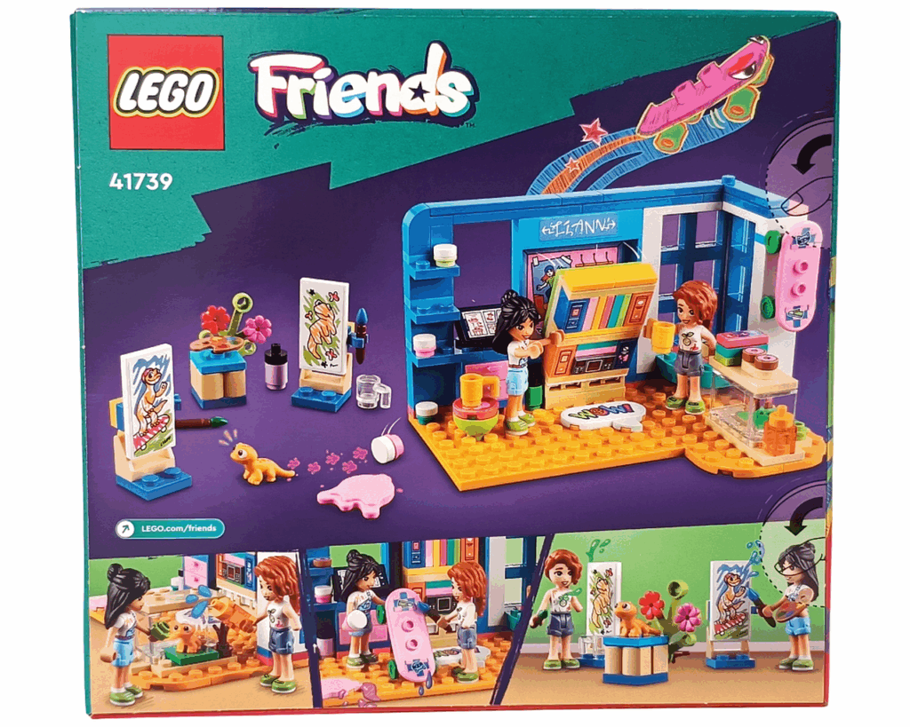 alt： LEGO Friends 41739 リアンの部屋 パッケージ裏面。 中央にリアンとオータムが部屋の中で絵を描くメインシーン。 上部にはスケートボードのイラスト、下段に3つのミニシーン（ポップコーンのお世話、ピンクのボード遊び、キャンバスの前で絵を描く様子）が並ぶ。
