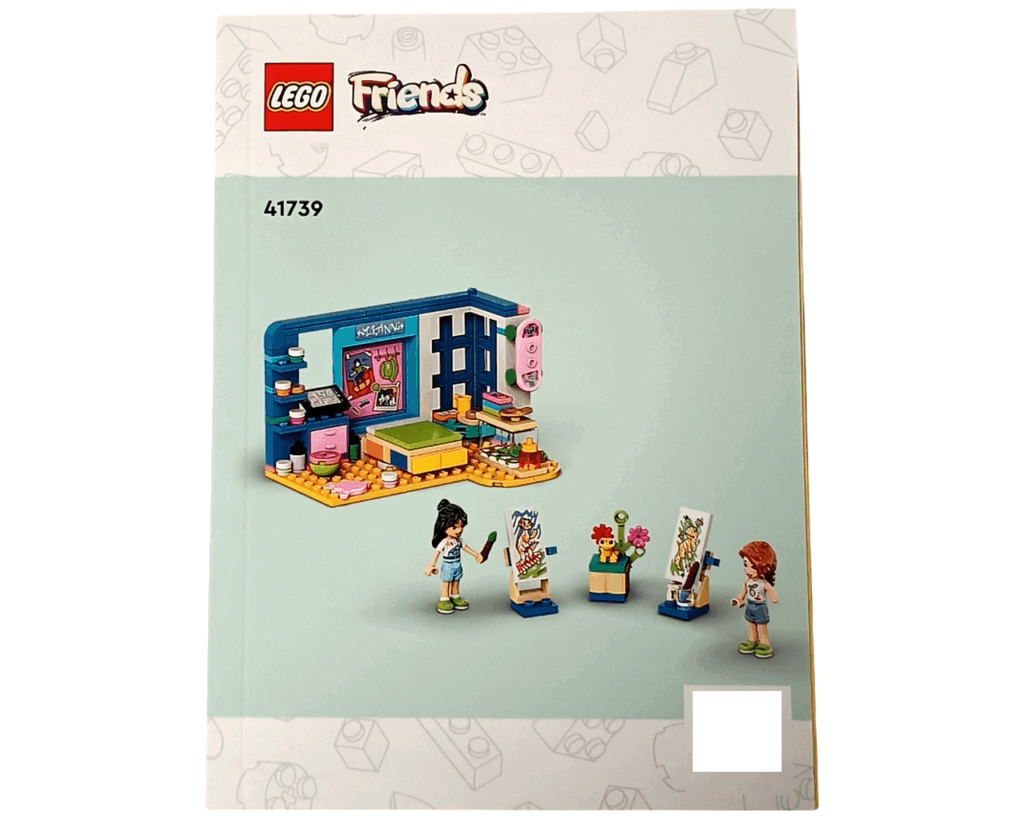 LEGO Friends 41739 リアンの部屋 組立説明書表紙。 ライトグリーンの背景に、完成した部屋のモデルとミニドールのリアン・オータムが並び、中央にはアートキャンバスと花の作品が置かれている。