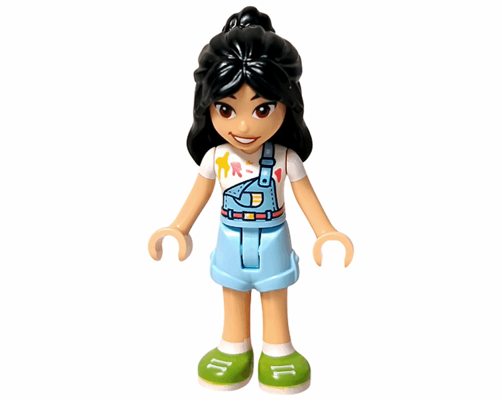 LEGO Friends 41739 リアン ミニドール。 黒髪のポニーテール、白いTシャツにペイント柄、ライトブルーのオーバーオール、緑のシューズを着用している。