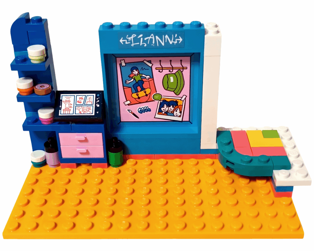 LEGO Friends 41739 リアンの部屋 コーナーテーブルの組立。 右側にピンク・イエロー・ライトグリーン・ターコイズのタイルが並んだコーナーテーブル。 左にはブルーの壁とイラストデスクがある。