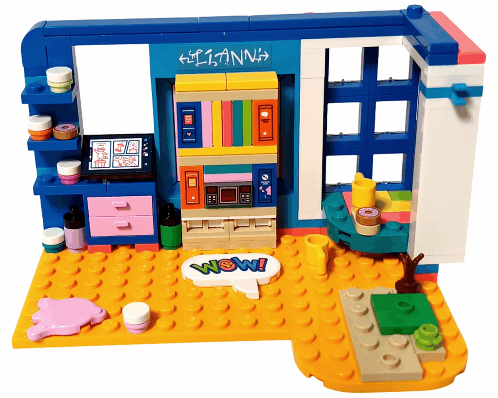 LEGO Friends 41739 リアンの部屋 テラリウム基礎部分。 右下にベージュとグリーンのプレートで小さなスペースが組まれ、隣にはカップとドーナツの置かれたコーナーテーブルが見える。中央には吹き出し型の「WOW!」プレートがある。