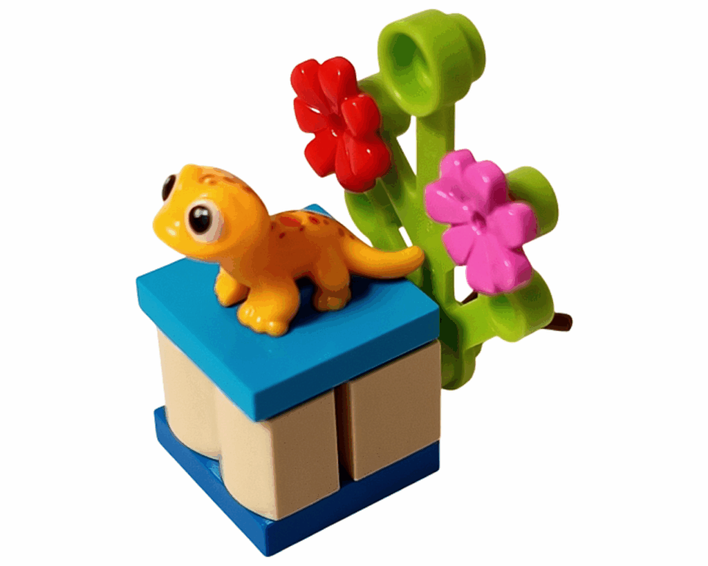 LEGO Friends 41739 ポップコーンのスタンド。 青いプレートの上にオレンジのヤモリフィギュア、後ろに赤とピンクの花の枝パーツが配置されている。