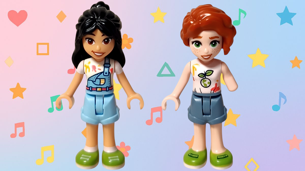 LEGO Friends 41739「リアンの部屋」ミニドール紹介アイキャッチ画像。 背景はピンクからブルーへのグラデーションで、星・ハート・音符などのカラフルな模様が散りばめられている。 左に黒髪のリアン、右に赤茶色の髪のオータムが並び、どちらもアート模様のトップスとブルー系のボトムス、グリーンのシューズを着用している。