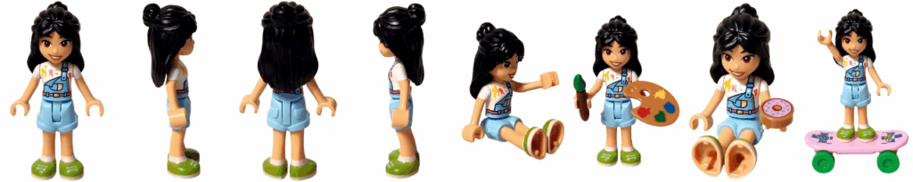 LEGO Friends 41739 リアン ミニドール 全8ポーズ一覧（正面・側面・背面・座り・パレットや筆、スケートボード、ドーナツなどの小物付き）