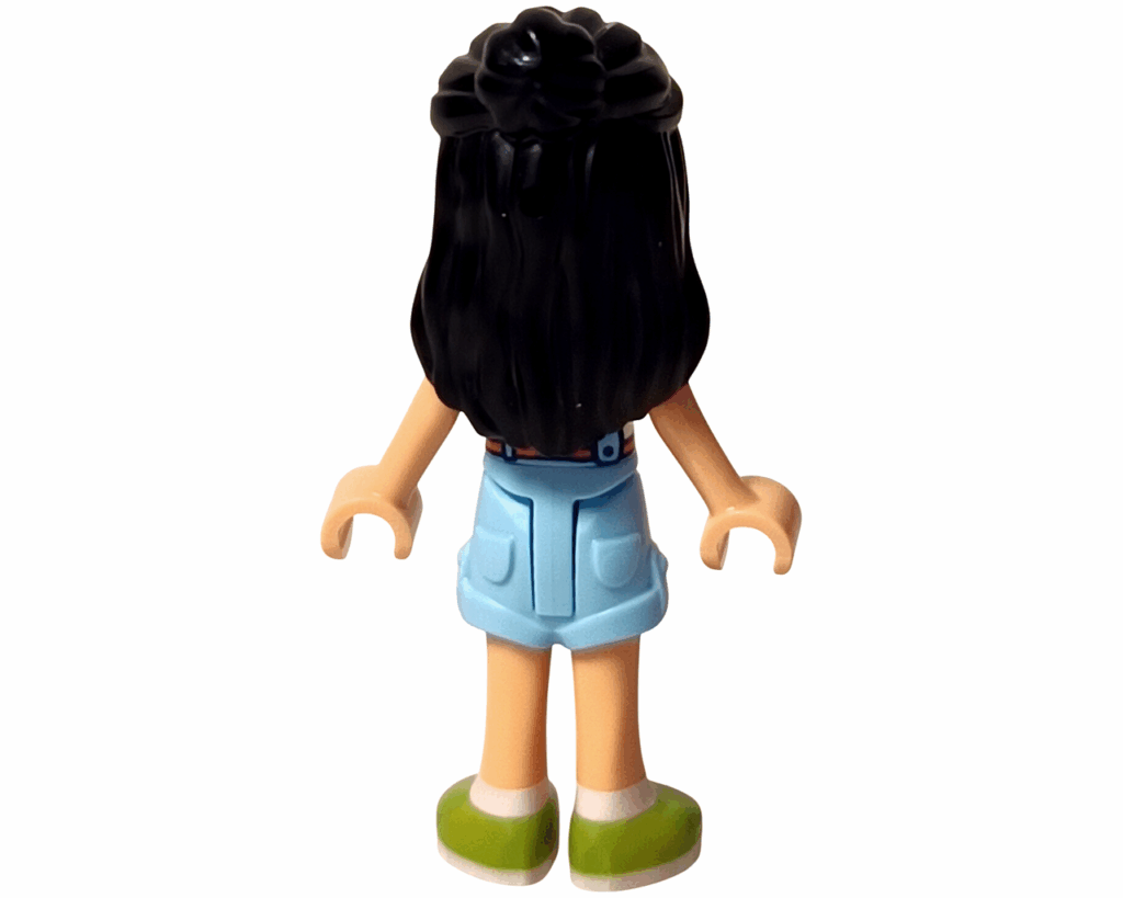 LEGO Friends 41739 リアン ミニドール背面。長い黒髪とブルーのオーバーオールが見える。