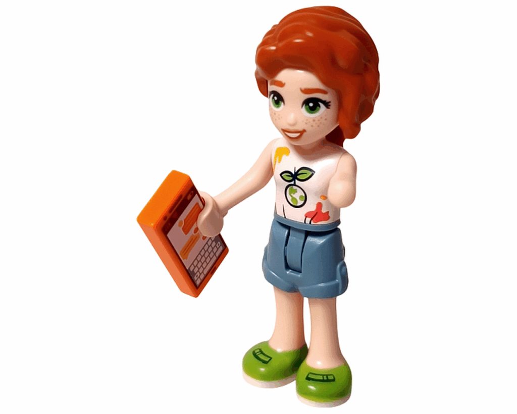 EGO Friends 41739 オータム ミニドールがオレンジ色のタブレットを持っている。