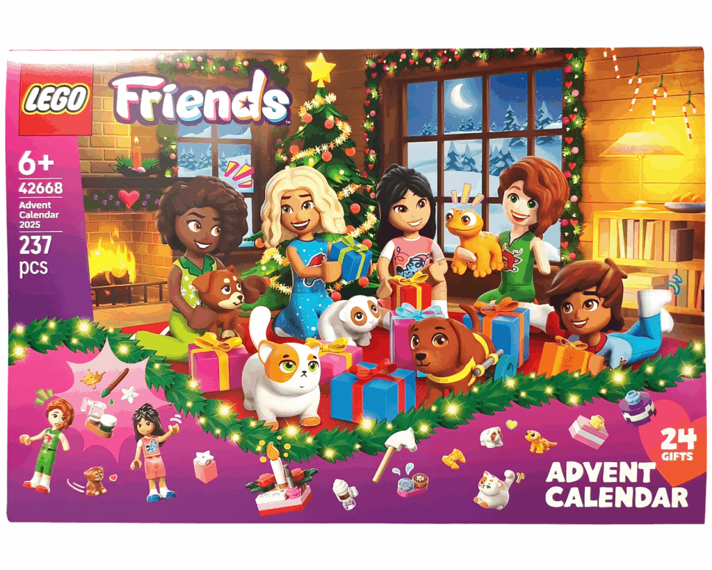 LEGO Friends 42668 フレンズ アドベントカレンダー2025 パッケージ正面。室内で5人のミニドールがプレゼントを囲み、背景には暖炉と雪景色の窓が描かれている。