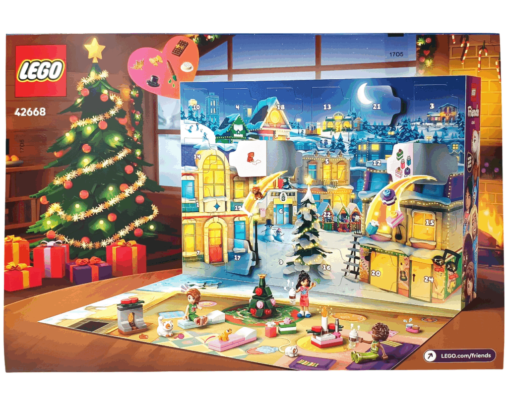 LEGO Friends 42668 フレンズ アドベントカレンダー2025 パッケージ裏面。雪の町並みに24の番号つき扉が並び、下にプレイマット上で遊ぶミニドールのシーンが描かれている。