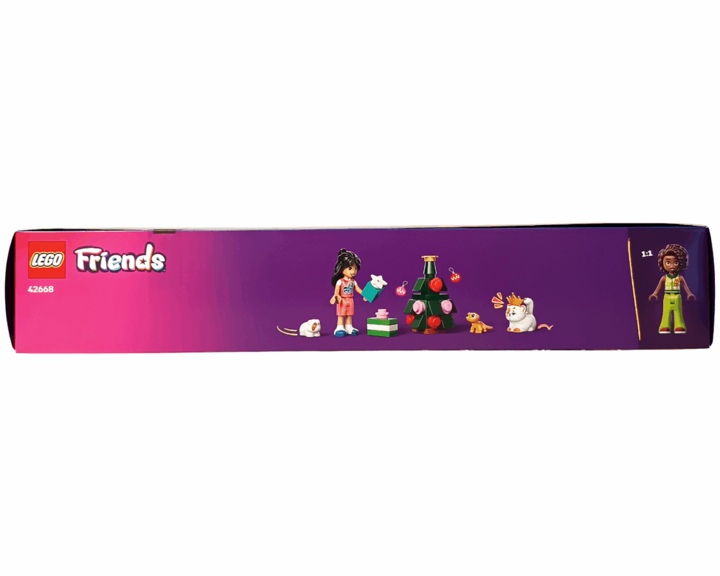 LEGO Friends 42668 フレンズ アドベントカレンダー2025 パッケージ上面。リアン、アリヤ、ツリー、動物フィギュアが並び、右端に1:1サイズのアリヤが描かれている。