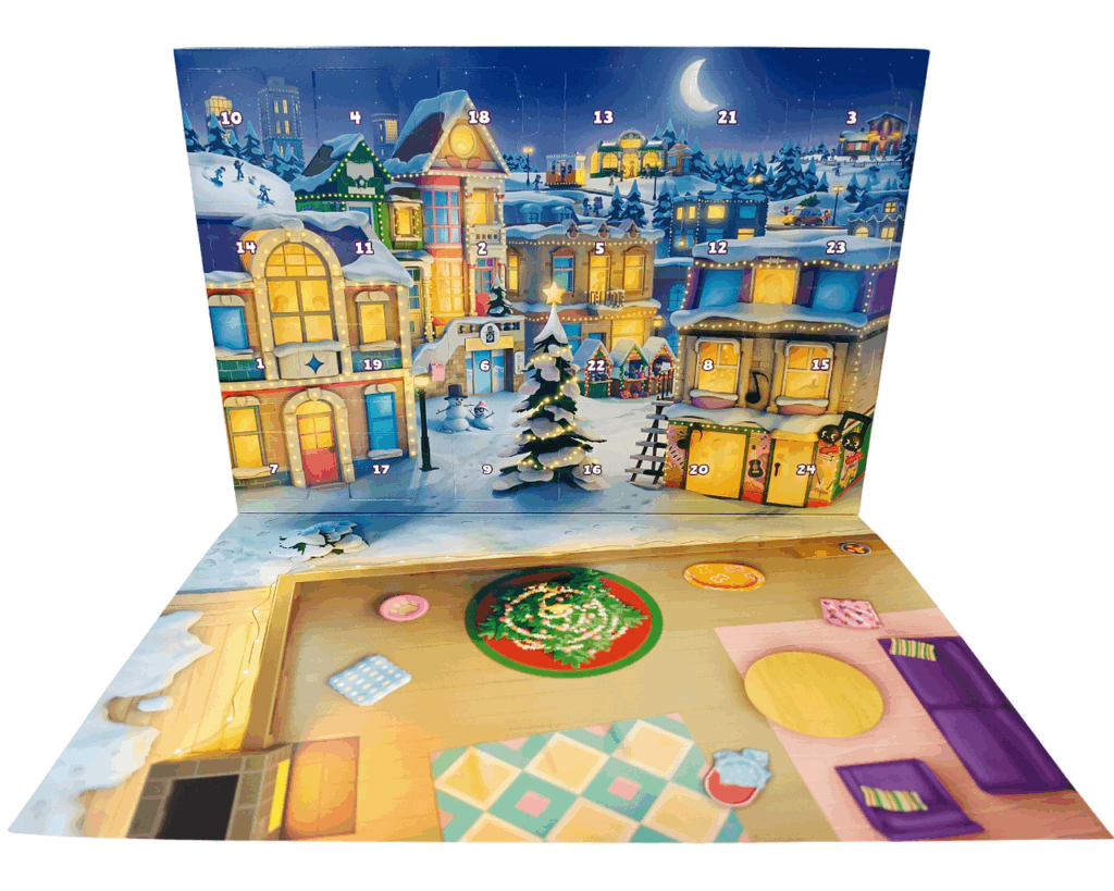 LEGO Friends 42668 フレンズ アドベントカレンダーのボード全体。雪の街と室内のあそびスペースが描かれている。