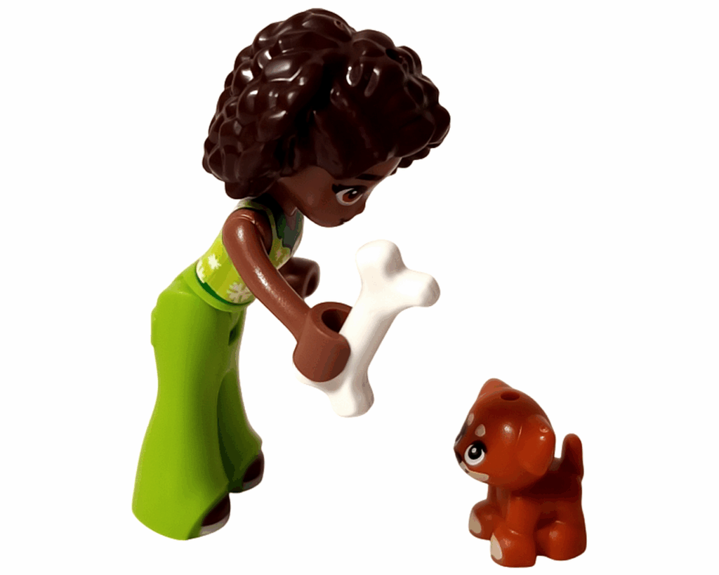 LEGO Friends 42668 アリヤが茶色の犬アイラに白いホネを渡しているシーン。緑のパンツをはいたアリヤがかがんで優しく差し出している。