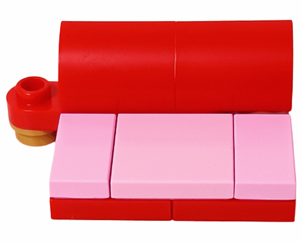 LEGO Friends 42668 ソファ。赤い背もたれとピンクの座面で構成されたミニサイズの家具。