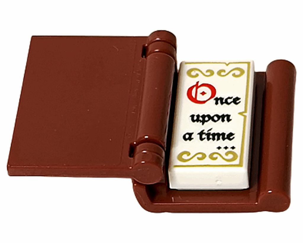 LEGO Friends 42668 本の完成形。ブラウンの表紙に白いページパーツ、英語の文字「Once upon a time」が印刷されている。