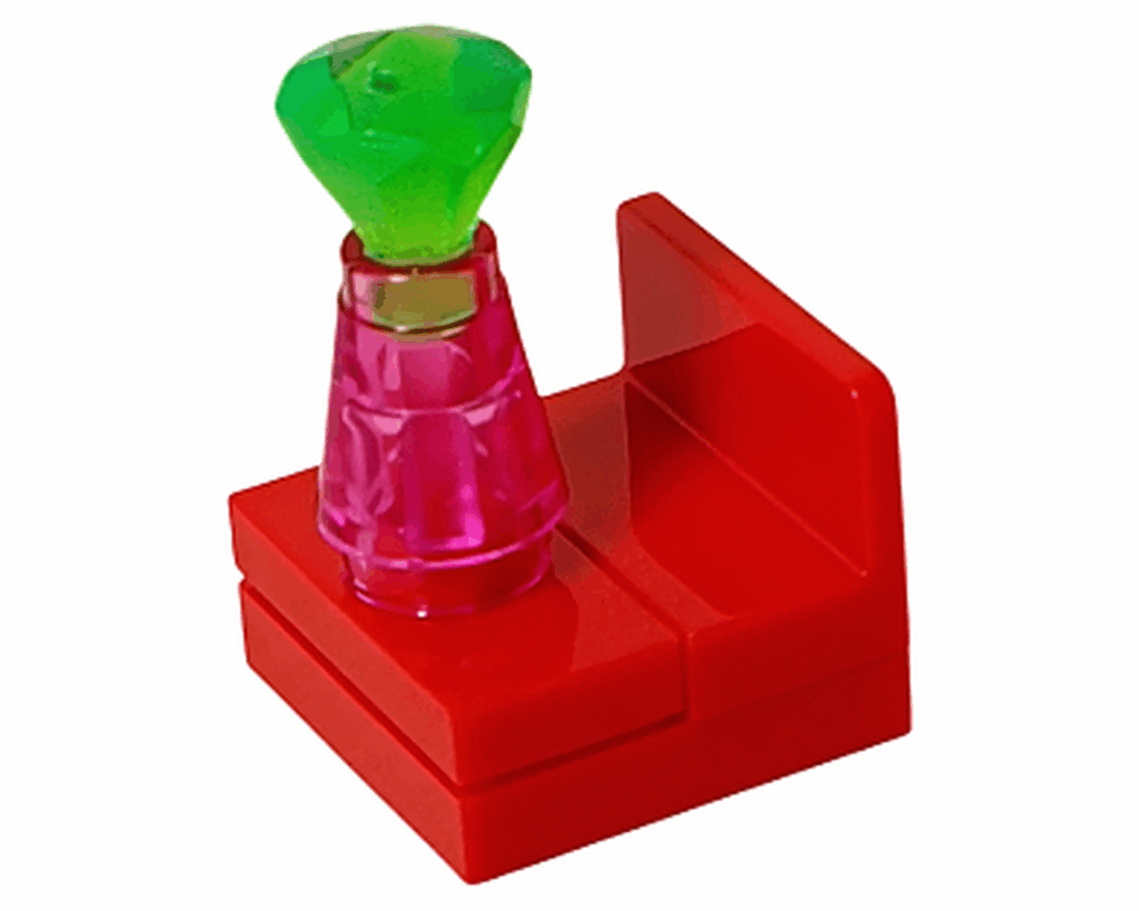 LEGO Friends 42668 宝石の飾り台。赤いベースにピンクとグリーンの透明パーツを組み合わせた装飾。