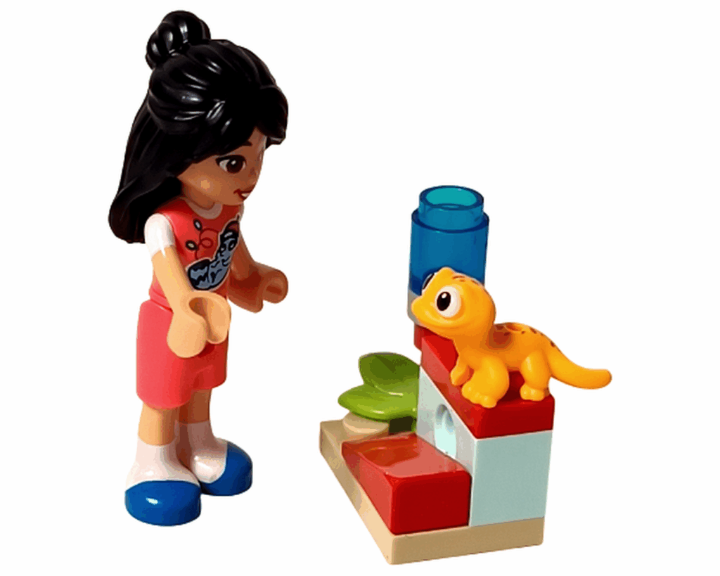 LEGO Friends 42668 リアンが黄色いトカゲのポップコーンに話しかけているシーン。青い水ボトルと赤いステージの上にポップコーンが乗っている。