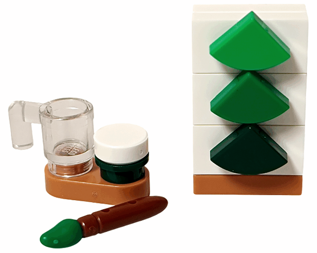 LEGO Friends 42668 クリスマスツリーの絵のアトリエセット。キャンバスと筆、カップ、ペイントポットが並ぶ。