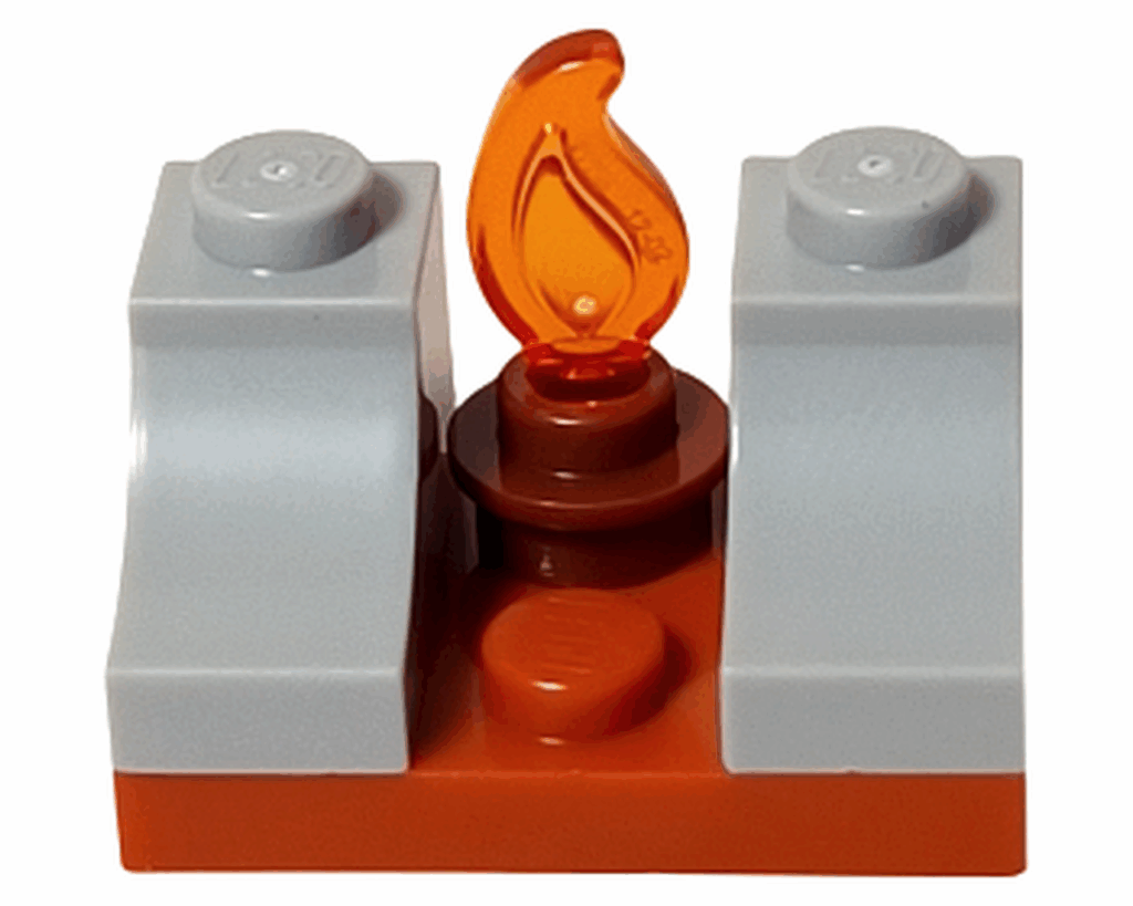 LEGO Friends 42668 暖炉の途中段階。灰色のパーツとオレンジの炎が中央に見える。