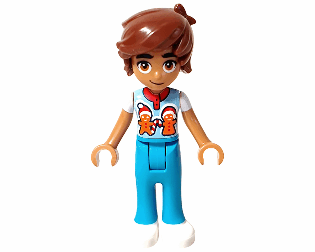 LEGO Friends 42668 レオ ミニドール全身。青いパンツにジンジャーブレッド柄のトップス。