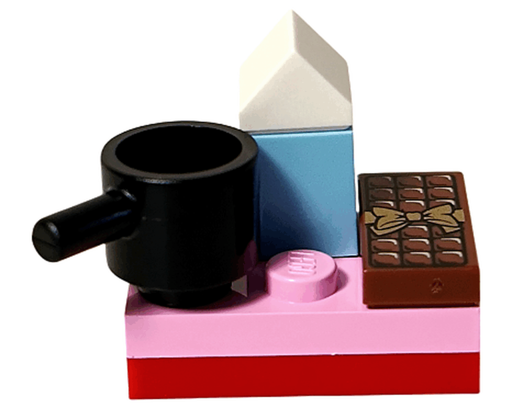 LEGO Friends 42668 ホットチョコの材料セット。黒い小鍋、水色のミルク、リボン付きチョコバーが並ぶ。