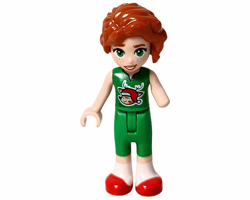 LEGO Friends 42668 オータム ミニドール全身。赤毛の髪に緑のパジャマ、胸にトナカイのプリント。