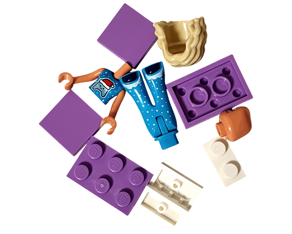 LEGO Friends 42668 18日目のパーツ一覧。ブロンドヘア、ブルーのパジャマ、パープルのブロックなど。