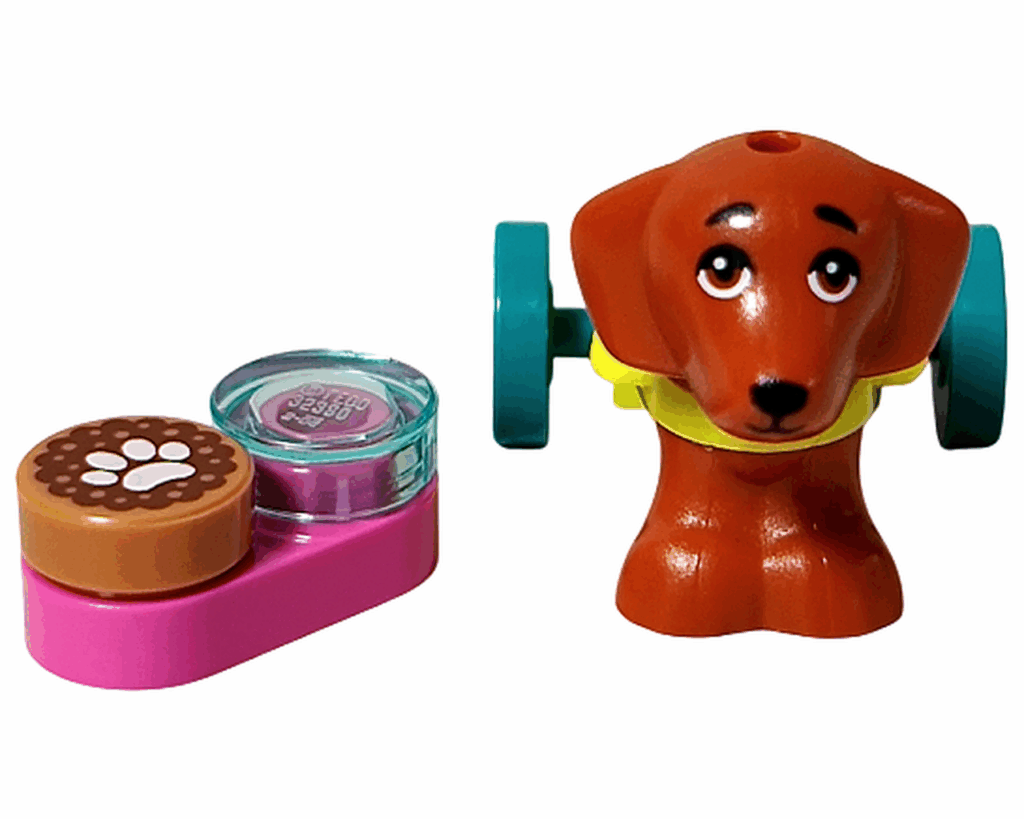 LEGO Friends 42668 ピクルスとごはんセット。ピンクのベースにフードボウルとプリントつきおやつ。