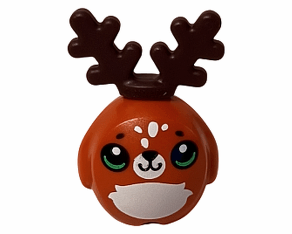 LEGO Friends 42668 トナカイ人形。丸い茶色の頭に黒い角とグリーンの瞳。